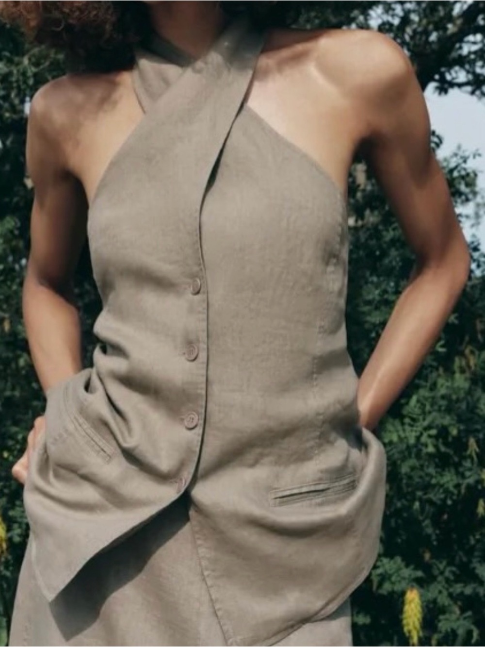 Zara One-Shoulder Halter Linen-Blend Dress in Taupe